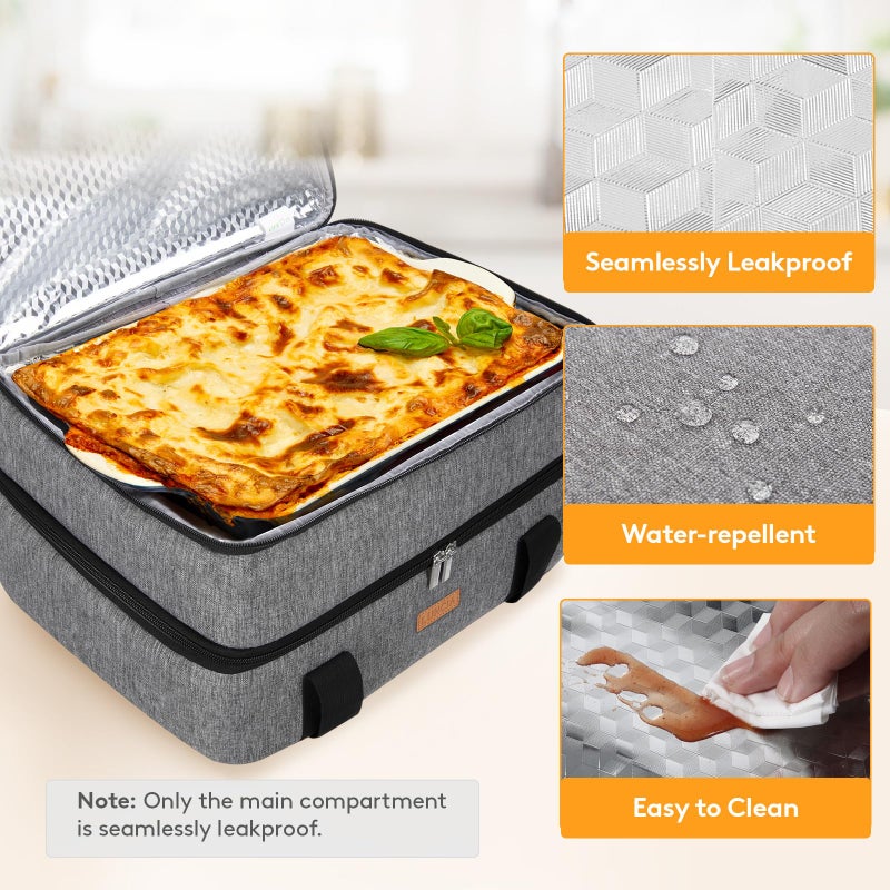 LUNCIA Lifewit LUNCIA Insulated Double Decker Casserole Carrier, Lasagna Lugger Tote Keeps Food Hot or Cold, Thermal Lunch Bag for Potluck Parties, Picnic and Cookouts, Fits 9" x 13" Baking Dish, Grey - Image 4